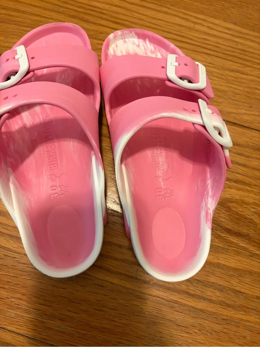 Birkenstock Pink Double-Buckle Kids Slide Sandals with White Accents